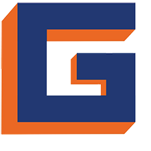 A stylized letter G logo with bold blue and orange geometric shapes, creating a three-dimensional effect on a white background.